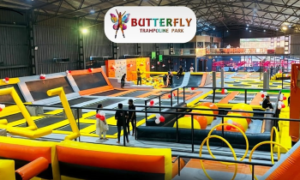 Indoor trampoline park featuring various jumping areas, inflatable structures, and colorful safety equipment for recreational activities.